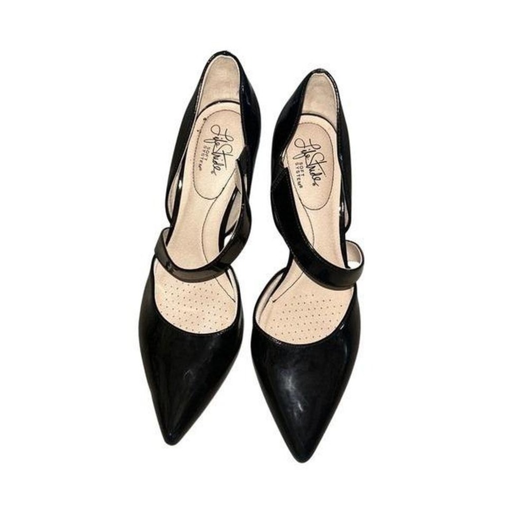 LifeStride Suki Black Patent Pointed Toe Asymmetrical Strap Pumps Heels 9.5W